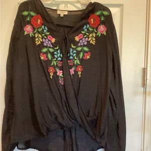 Umgee Black Floral Embroidered Blouse